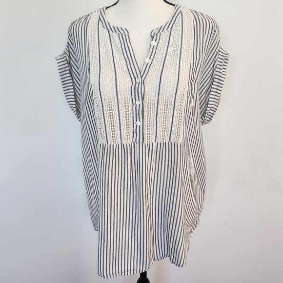 J. Crew Tops - J Crew 100% Striped Buttonup Shirt Cap Sleeve Smocked Blouse Women Blue White Sm